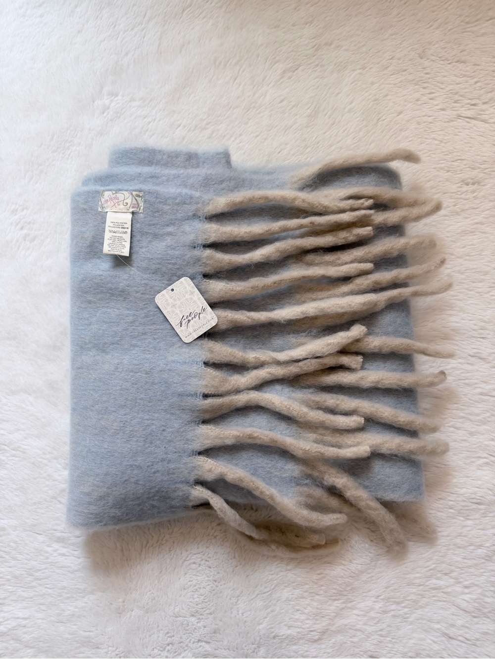 Free People Fog Blue Wrap with Beige Fringe
